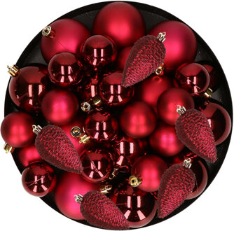 Decoris Kerstversiering kunststof kerstballen donkerrood 6-8-10 cm pakket van 50x stuks