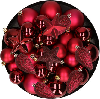 Decoris Kerstversiering kunststof kerstballen donkerrood 6-8-10 cm pakket van 62x stuks - Kerstbal