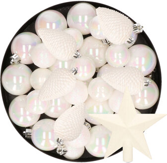 Decoris Kerstversiering kunststof kerstballen en piek winter wit 6-8-10 cm pakket van 45x stuks