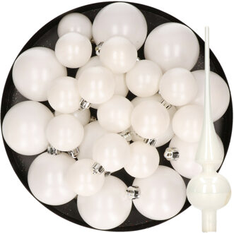 Decoris Kerstversiering kunststof kerstballen en piek winter wit 6-8-10 cm pakket van 45x stuks