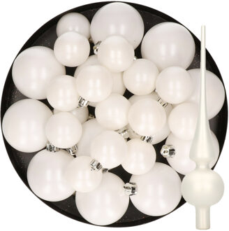 Decoris Kerstversiering kunststof kerstballen en piek winter wit 6-8-10 cm pakket van 45x stuks