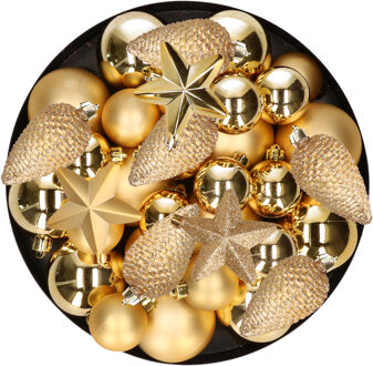 Decoris Kerstversiering kunststof kerstballen goud 6-8-10 cm pakket van 62x stuks - Kerstbal Goudkleurig