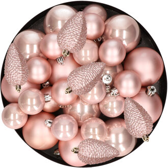 Decoris Kerstversiering kunststof kerstballen lichtroze 6-8-10 cm pakket van 50x stuks