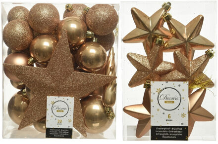 Decoris Kerstversiering kunststof kerstballen met piek camel bruin 5-6-8 cm pakket van 39x stuks - Kerstbal