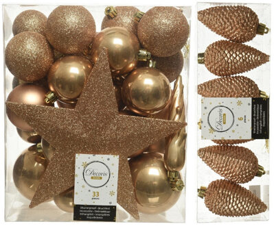 Decoris Kerstversiering kunststof kerstballen met piek camel bruin 5-6-8 cm pakket van 39x stuks