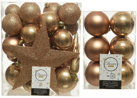 Decoris Kerstversiering kunststof kerstballen met piek camel bruin 5-6-8 cm pakket van 45x stuks - Kerstbal