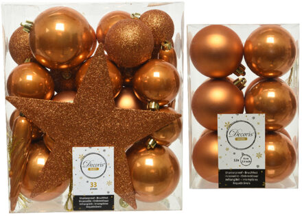 Decoris Kerstversiering kunststof kerstballen met piek cognac bruin 5-6-8 cm pakket van 45x stuks