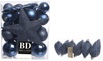 Decoris Kerstversiering kunststof kerstballen met piek donkerblauw 5-6-8 cm pakket van 39x stuks - Kerstbal