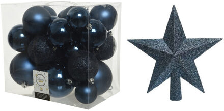 Decoris Kerstversiering kunststof kerstballen met piek donkerblauw 6-8-10 cm pakket van 27x stuks