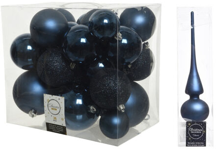 Decoris Kerstversiering kunststof kerstballen met piek donkerblauw 6-8-10 cm pakket van 27x stuks
