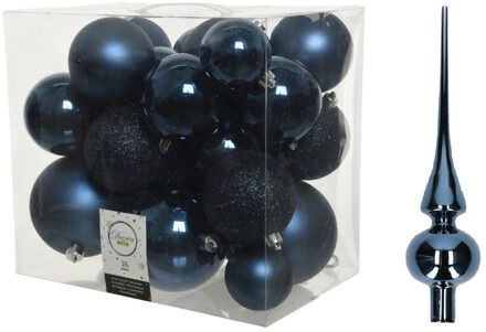Decoris Kerstversiering kunststof kerstballen met piek donkerblauw 6-8-10 cm pakket van 27x stuks
