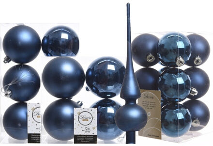 Decoris Kerstversiering kunststof kerstballen met piek donkerblauw 6-8-10 cm pakket van 45x stuks - Kerstbal