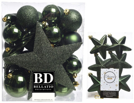 Decoris Kerstversiering kunststof kerstballen met piek donkergroen 5-6-8 cm pakket van 39x stuks - Kerstbal