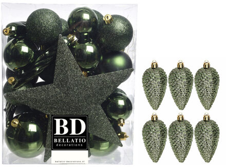 Decoris Kerstversiering kunststof kerstballen met piek donkergroen 5-6-8 cm pakket van 39x stuks - Kerstbal