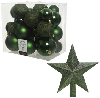 Decoris Kerstversiering kunststof kerstballen met piek donkergroen 6-8-10 cm pakket van 27x stuks - Kerstbal