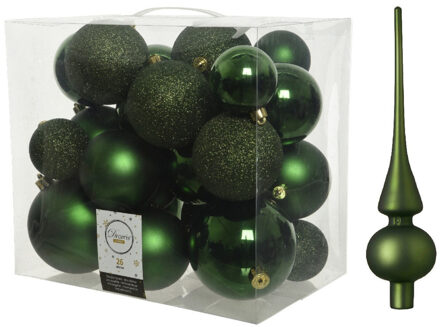 Decoris Kerstversiering kunststof kerstballen met piek donkergroen 6-8-10 cm pakket van 27x stuks - Kerstbal