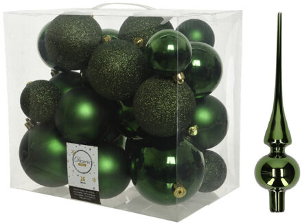 Decoris Kerstversiering kunststof kerstballen met piek donkergroen 6-8-10 cm pakket van 27x stuks - Kerstbal