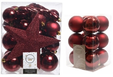 Decoris Kerstversiering kunststof kerstballen met piek donkerrood 5-6-8 cm pakket van 45x stuks - Kerstbal