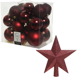 Decoris Kerstversiering kunststof kerstballen met piek donkerrood 6-8-10 cm pakket van 27x stuks - Kerstbal