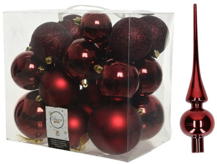 Decoris Kerstversiering kunststof kerstballen met piek donkerrood 6-8-10 cm pakket van 27x stuks - Kerstbal