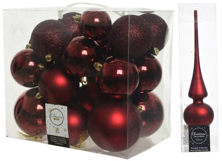 Decoris Kerstversiering kunststof kerstballen met piek donkerrood 6-8-10 cm pakket van 27x stuks
