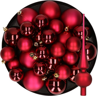 Decoris Kerstversiering kunststof kerstballen met piek donkerrood 6-8-10 cm pakket van 45x stuks