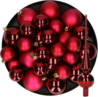 Decoris Kerstversiering kunststof kerstballen met piek donkerrood 6-8-10 cm pakket van 45x stuks