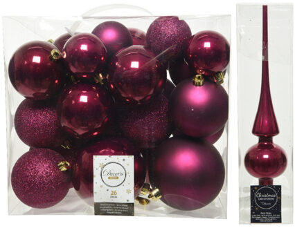 Decoris Kerstversiering kunststof kerstballen met piek framboos roze 6-8-10 cm pakket van 27x stuks - Kerstbal