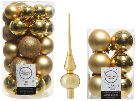 Decoris Kerstversiering kunststof kerstballen met piek goud 4-5-6 cm pakket van 43x stuks - Kerstbal Goudkleurig