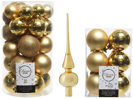 Decoris Kerstversiering kunststof kerstballen met piek goud 4-5-6 cm pakket van 43x stuks