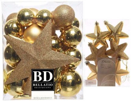 Decoris Kerstversiering kunststof kerstballen met piek goud 5-6-8 cm pakket van 39x stuks