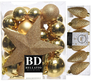 Decoris Kerstversiering kunststof kerstballen met piek goud 5-6-8 cm pakket van 39x stuks
