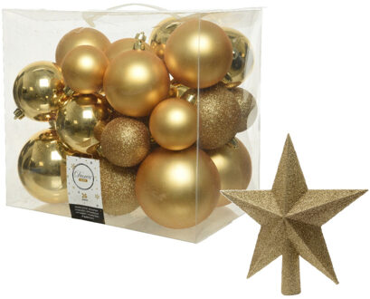 Decoris Kerstversiering kunststof kerstballen met piek goud 6-8-10 cm pakket van 27x stuks