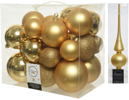 Decoris Kerstversiering kunststof kerstballen met piek goud 6-8-10 cm pakket van 27x stuks