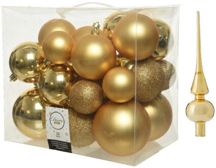 Decoris Kerstversiering kunststof kerstballen met piek goud 6-8-10 cm pakket van 27x stuks