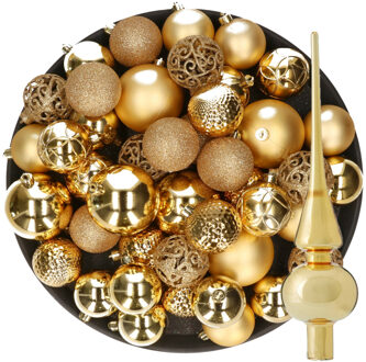 Decoris Kerstversiering kunststof kerstballen met piek goud 6-8-10 cm pakket van 39x stuks
