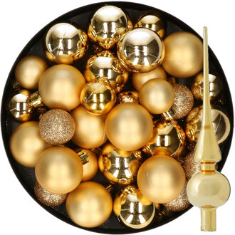 Decoris Kerstversiering kunststof kerstballen met piek goud 6-8-10 cm pakket van 47x stuks
