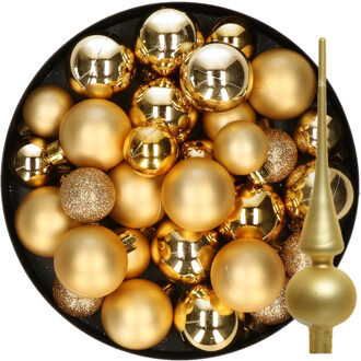 Decoris Kerstversiering kunststof kerstballen met piek goud 6-8-10 cm pakket van 49x stuks