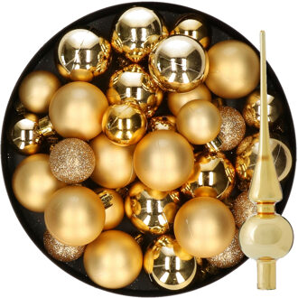 Decoris Kerstversiering kunststof kerstballen met piek goud 6-8-10 cm pakket van 49x stuks
