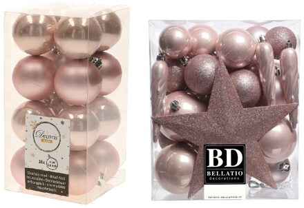 Decoris Kerstversiering kunststof kerstballen met piek lichtroze 4-5-6-8 cm pakket van 49x stuks