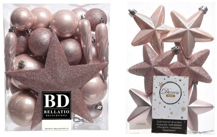 Decoris Kerstversiering kunststof kerstballen met piek lichtroze 5-6-8 cm pakket van 39x stuks