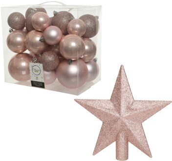 Decoris Kerstversiering kunststof kerstballen met piek lichtroze 6-8-10 cm pakket van 27x stuks