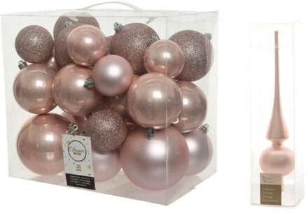 Decoris Kerstversiering kunststof kerstballen met piek lichtroze 6-8-10 cm pakket van 27x stuks