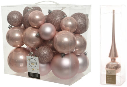 Decoris Kerstversiering kunststof kerstballen met piek lichtroze 6-8-10 cm pakket van 27x stuks