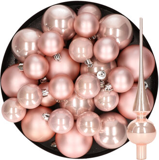 Decoris Kerstversiering kunststof kerstballen met piek lichtroze 6-8-10 cm pakket van 37x stuks