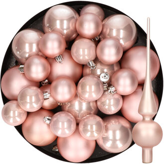 Decoris Kerstversiering kunststof kerstballen met piek lichtroze 6-8-10 cm pakket van 45x stuks