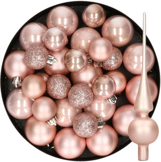 Decoris Kerstversiering kunststof kerstballen met piek lichtroze 6-8-10 cm pakket van 49x stuks