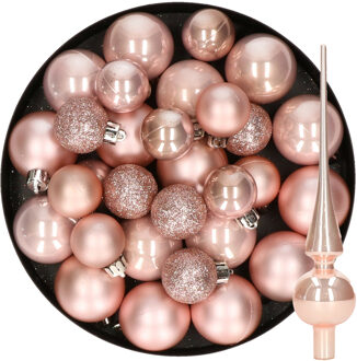 Decoris Kerstversiering kunststof kerstballen met piek lichtroze 6-8-10 cm pakket van 49x stuks