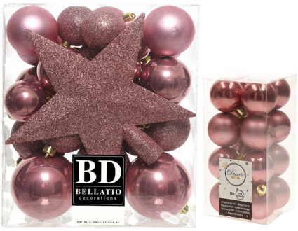 Decoris Kerstversiering kunststof kerstballen met piek oud roze 4-5-6-8 cm pakket van 49x stuks