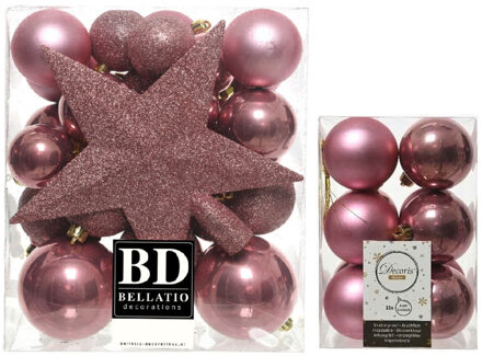 Decoris Kerstversiering kunststof kerstballen met piek oud roze 5-6-8 cm pakket van 45x stuks - Kerstbal